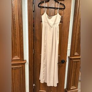 NWOT MSRP 169 ASOS Satin Cream Maxi Dress Draping Front Slit Size 2